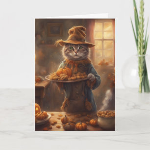Carte Chat tigré dans un costume d'épouvantail Halloween