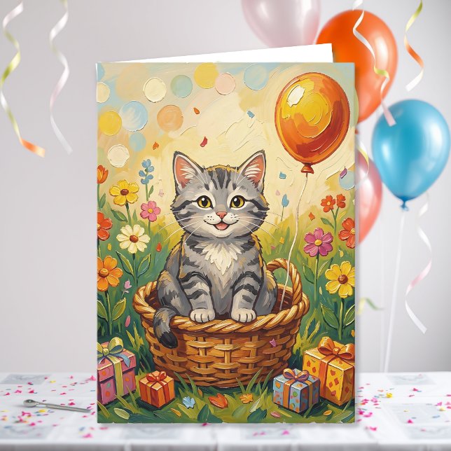 Carte Chat tigré & Fleurs | Joyeux Anniversaire Fille  (Créateur téléchargé)