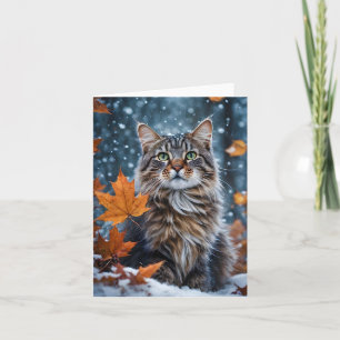 Carte Chat tigré gris beau automne feuilles blanc 