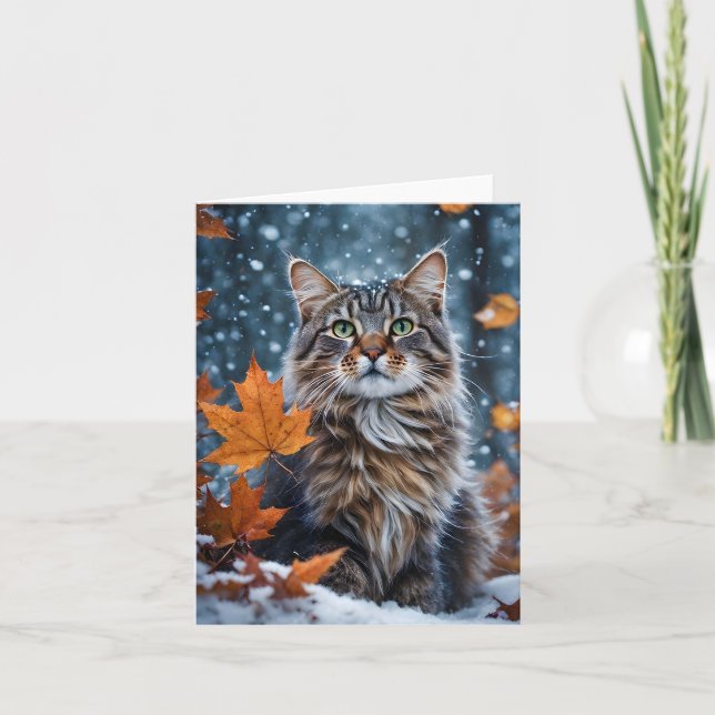 Carte Chat tigré gris beau automne feuilles blanc  (Devant)