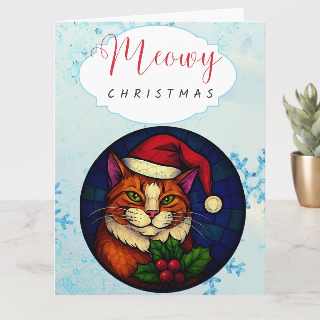 Carte Chat tigré orange de Noël en vitrail (Petite plante)