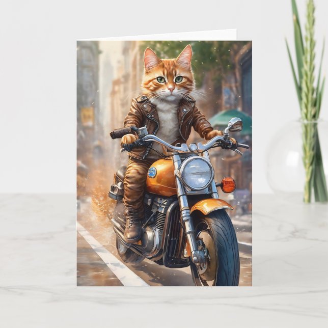 Carte Chat tigré orange en balade en moto (Devant)