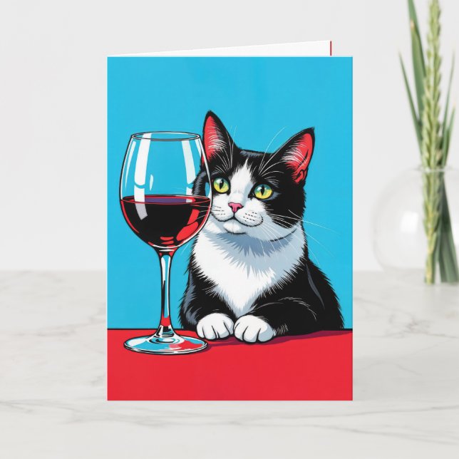 Carte Chat Tuxedo Anniversaire Avec Vin Rouge (Devant)