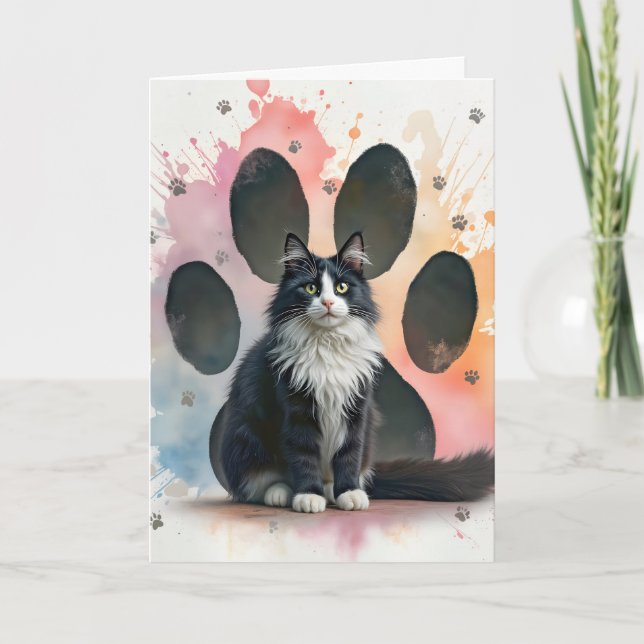Carte Chat Tuxedo d'anniversaire avec empreintes de patt (Devant)