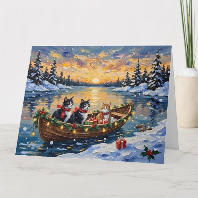 Carte Chat Tuxedo Noël Bateau Fêtes (Devant)