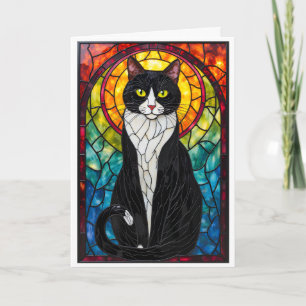 Carte Chat Tuxedo Noir et Blanc de Style Vitrail