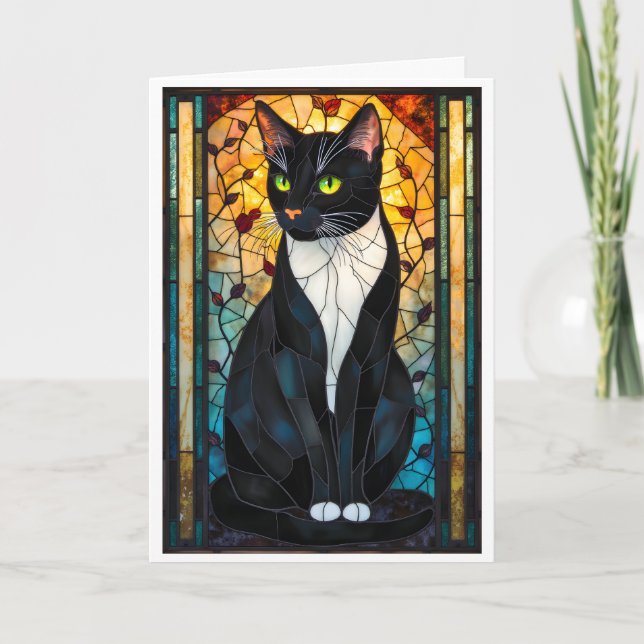 Carte Chat Tuxedo Noir et Blanc de Style Vitrail (Devant)