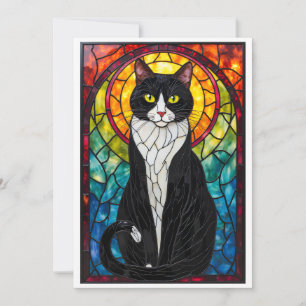 Carte Chat Tuxedo Noir et Blanc de Style Vitrail Plat