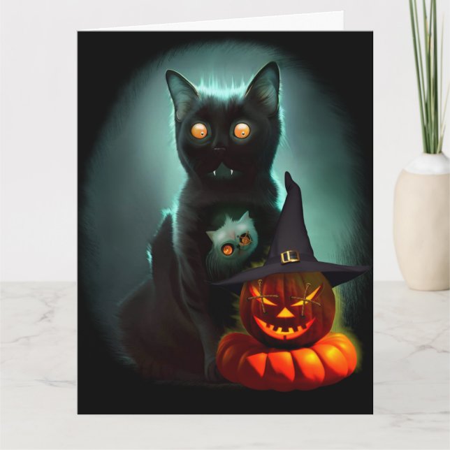 Carte Chat vampire et citrouille sorcier Halloween surré (Devant)