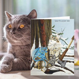 Carte Chat Viking Bleu Dragon Fantastique