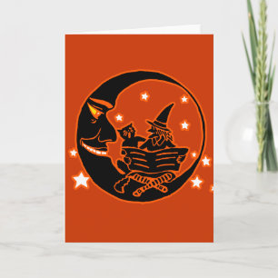 Carte Chat vintage et lune de sorcière de silhouette