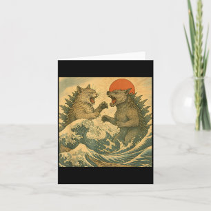 Carte Chat Vs Kaiju Monstre de Chien Style Ukiyo-e Japon