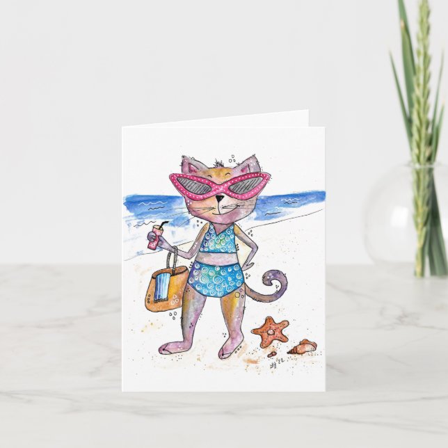 Carte Chat Whimsical sur la plage (Devant)