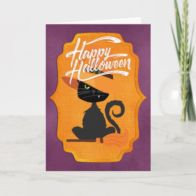 Carte Chat Witch Halloween heureux (Devant)