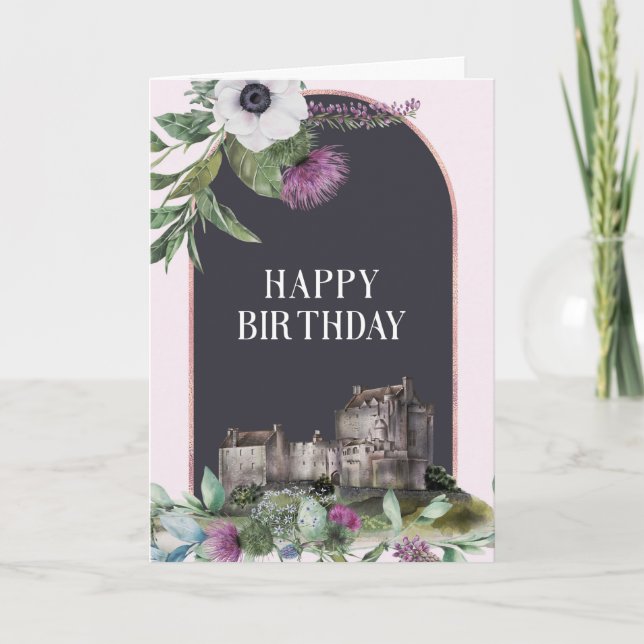Carte Château écossais aux fleurs violettes Anniversaire (Devant)