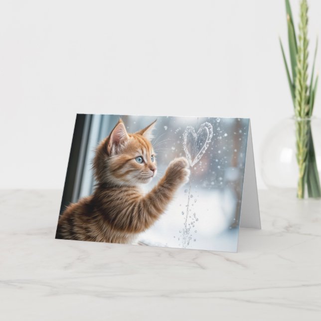 Carte Chaton À Gingembre Avec Un Coeur De Fenêtre Froide (Devant)