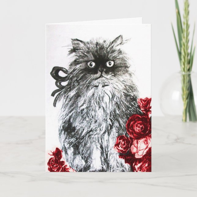 Carte Chaton aux roses rouges ,Noir et Blanc (Devant)