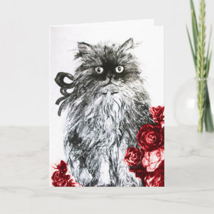 Carte CHATON AUX ROSES ROUGES ,Noir et Blanc