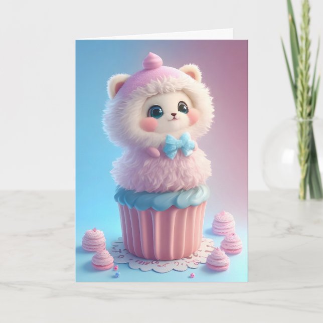 Carte Chaton blanc adorable préparant des cupcakes vierg (Devant)