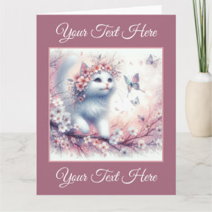 Carte Chaton blanc avec fleurs et papillons