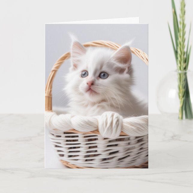 Carte Chaton blanc d'anniversaire dans un panier (Devant)