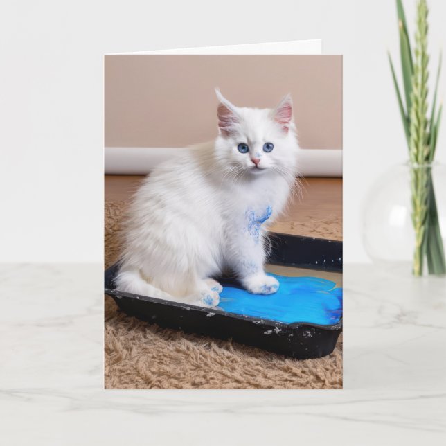 Carte Chaton blanc dans bac à peinture pour ami (Devant)