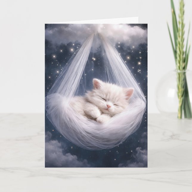 Carte Chaton blanc suspendu à un hamac en tulle et nuage (Devant)