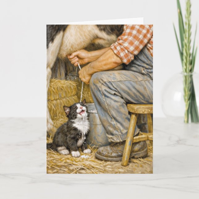 Carte Chaton d'anniversaire buvant du lait de vache (Devant)