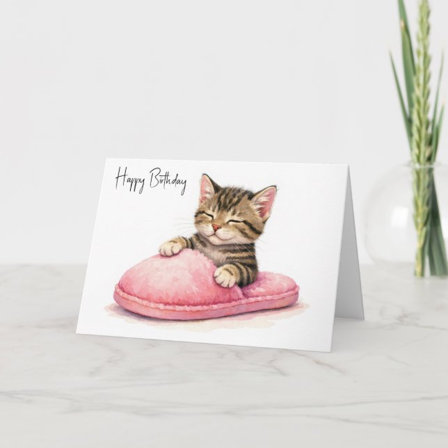 Carte Chaton d'anniversaire dormant dans une chausson ro (Devant)