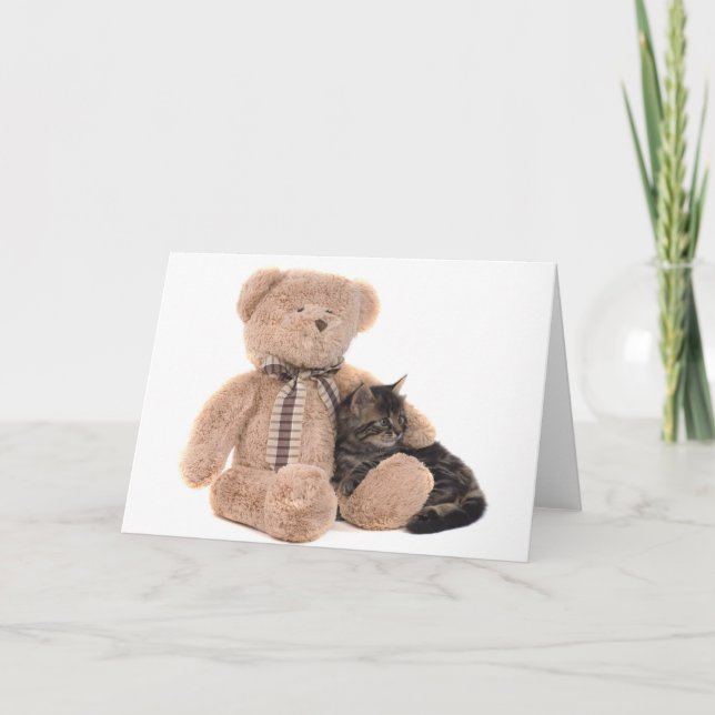 Carte chaton dans les bras d'un ours en peluche (Devant)