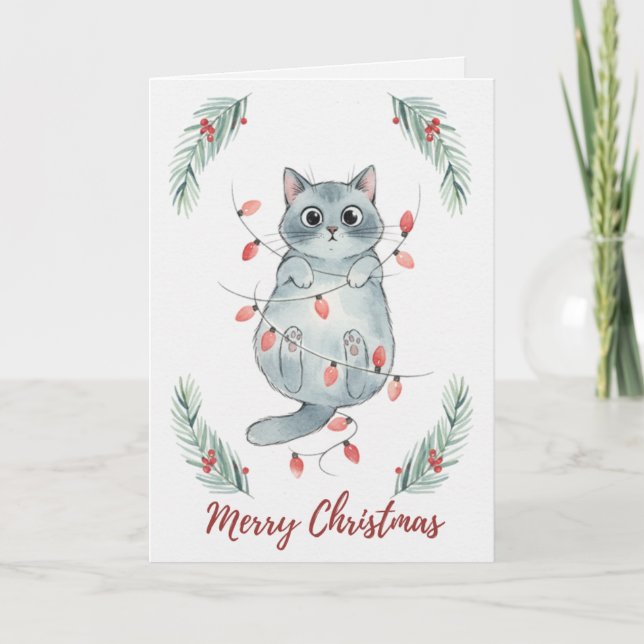 Carte Chaton de Noël emmêlé dans les lumières (Devant)