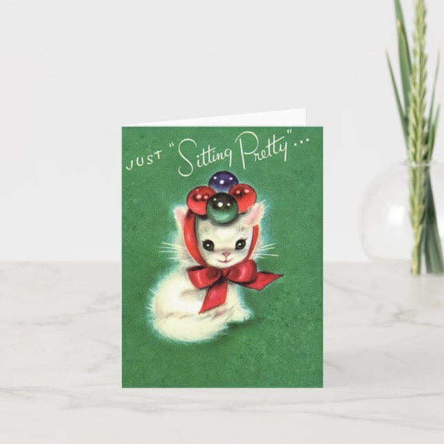 Carte Chaton de Noël vintage "Sitting Pretty" (Devant)