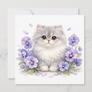 Carte Chaton Fluffy Aquarelle avec Fleurs de Pensée Viol