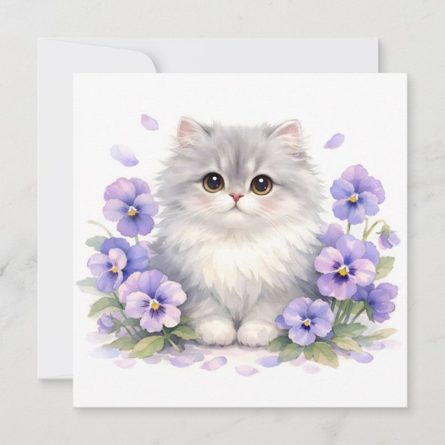 Carte Chaton Fluffy Aquarelle avec Fleurs de Pensée Viol (Devant)
