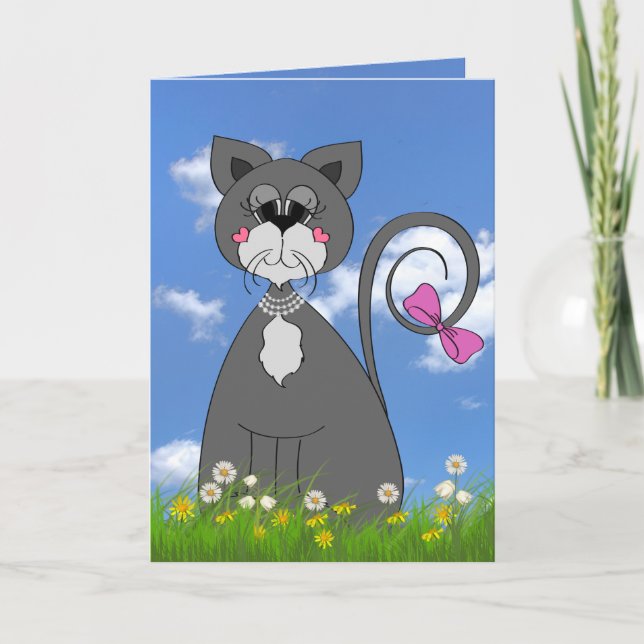 Carte chaton gris dans l'herbe anniversaire (Devant)