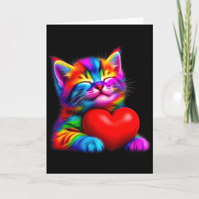 Carte Chaton mignon arc-en-ciel câlinant la Saint-Valent (Devant)