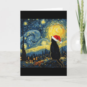 Carte Chaton noir chapeau de Père Noël style Van Gogh Nu