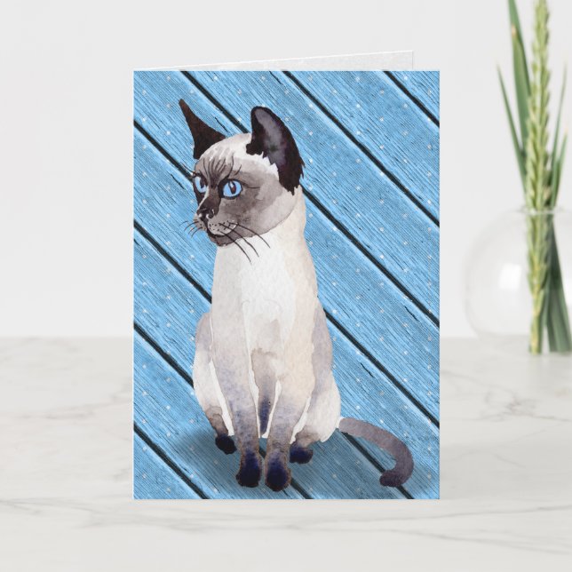 Carte chaton siamois d'anniversaire sur le bois bleu (Devant)