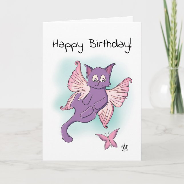 Carte Chaton volant rose Joyeux anniversaire (Devant)