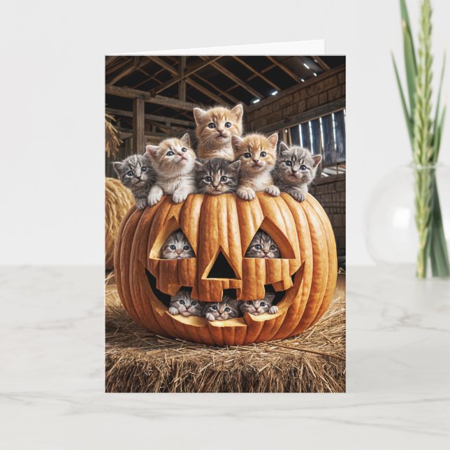 Carte Chatons Dans Citrouille d'Halloween (Devant)