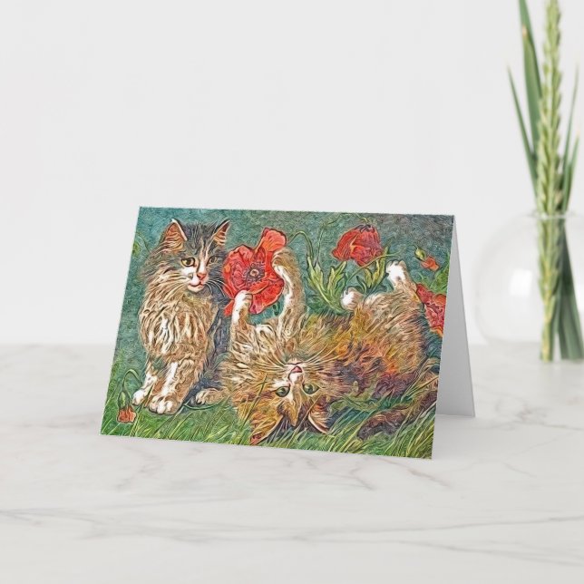 Carte Chatons et Coquelicots, Joyeux Anniversaire (Devant)