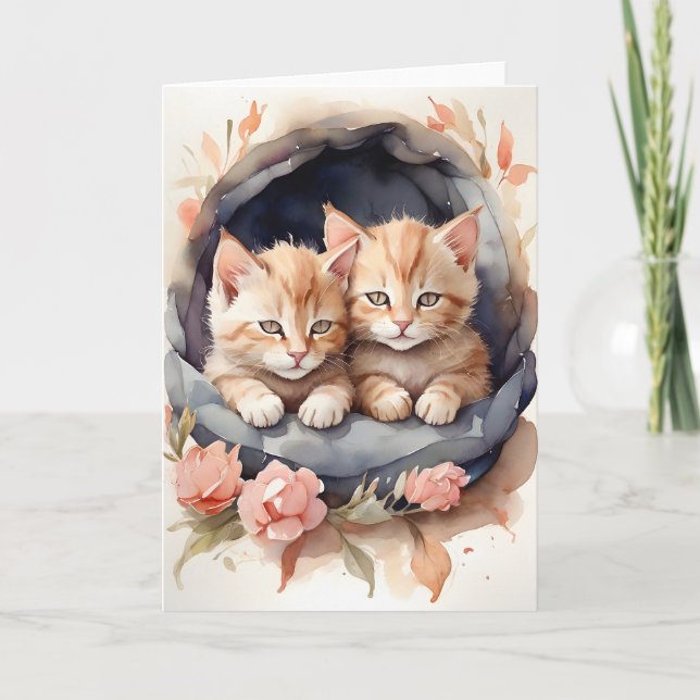 Carte Chatons frères tabby aquarelle fleurs blanc (Devant)