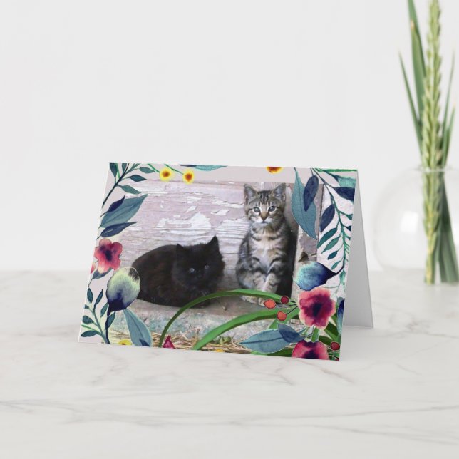 Carte Chatons mignons avec feuilles et fleurs à l'aquare (Devant)