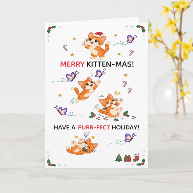 Carte Chatons orange espiègles Noël (Fleur jaune)