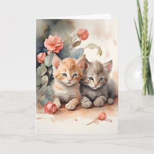 Carte Chatons Tabby Aquarelle Se Blottissant Fleurs Cart