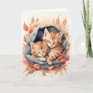 Carte Chatons tigrés à l'aquarelle dormant Fleurs Blanc