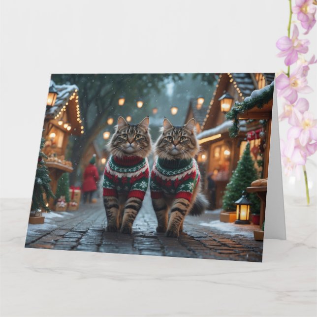 Carte Chats Angora Turcs Noël Neige Fêtes (Orchidée)