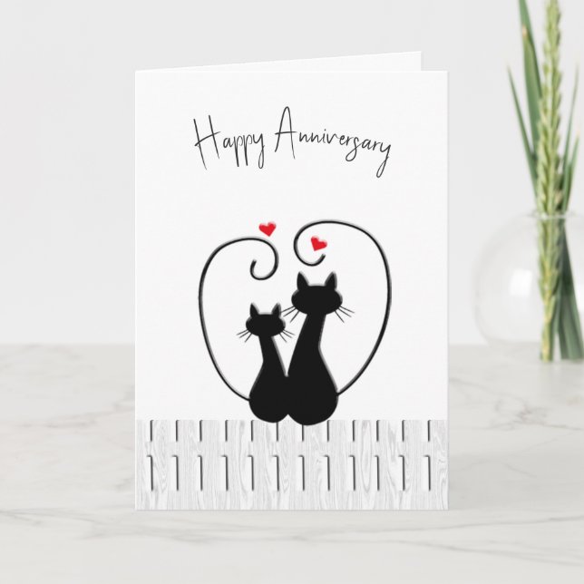 Carte Chats Anniversaires Avec Coeurs Sur La Clôture (Devant)