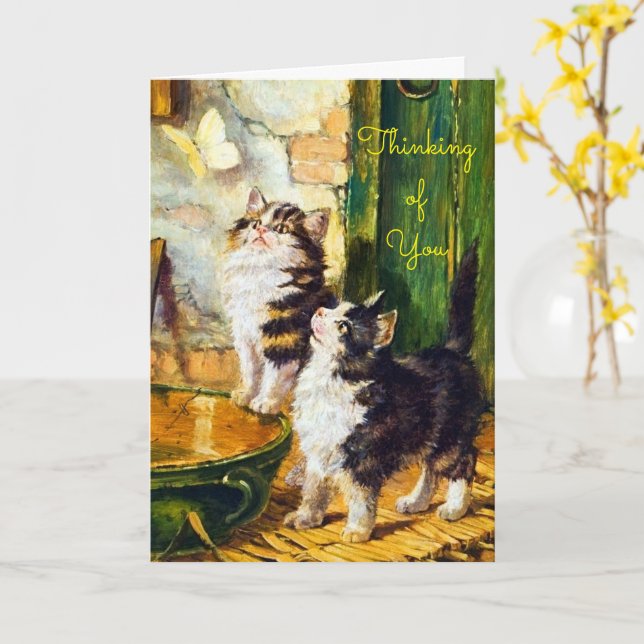Carte Chats Curieux Vintage Papillon Pensée Pour Vous (Fleur jaune)