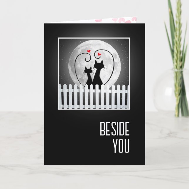 Carte Chats d'anniversaire sur une clôture avec la lune (Devant)